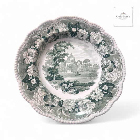 Rare 1830s Staffordshire Green Transferware Deep Plate | Gothic Ruins Motif, English Earthenware