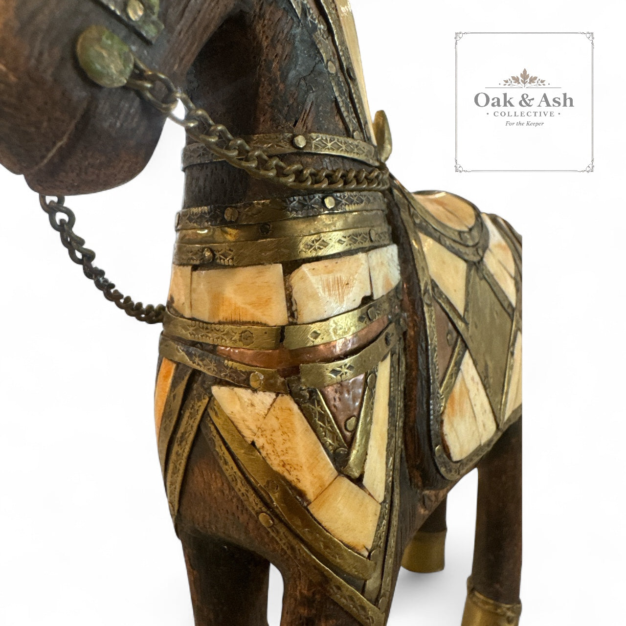 Vintage Brass & Bone Inlay Horse Figurine – 7” x 8”