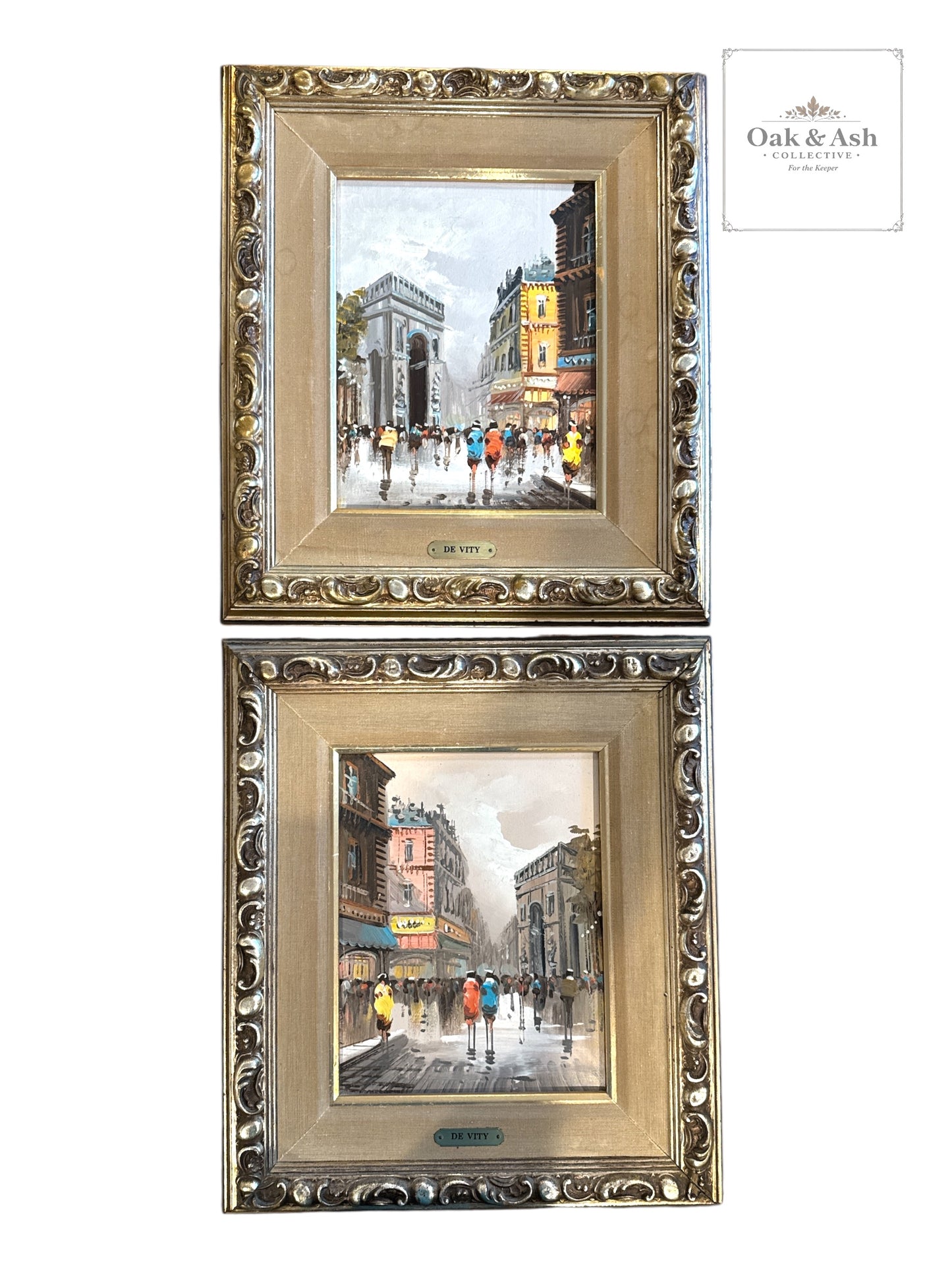 Set of 2 Vintage Paris Street Scene Paintings by De Vity | Framed European Cityscapes