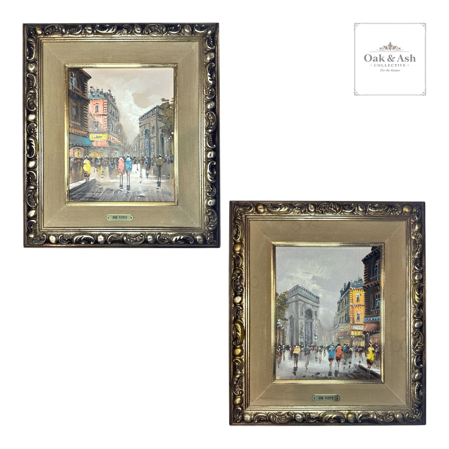 Set of 2 Vintage Paris Street Scene Paintings by De Vity | Framed European Cityscapes