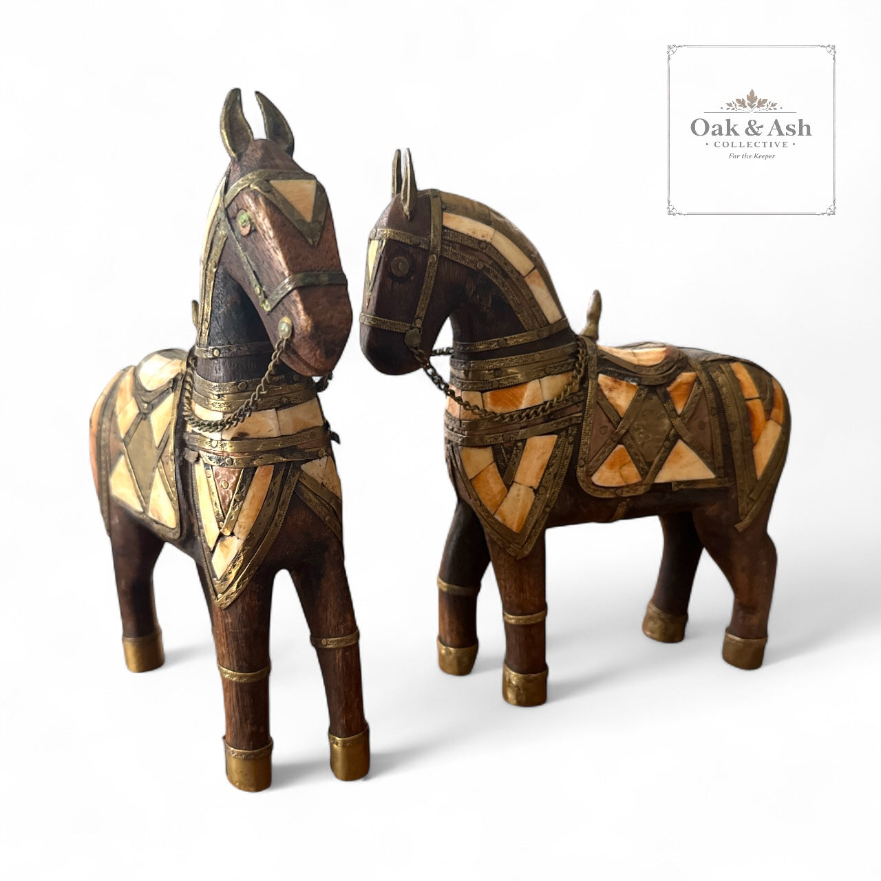 Vintage Brass & Bone Inlay Horse Figurine – 7” x 8”