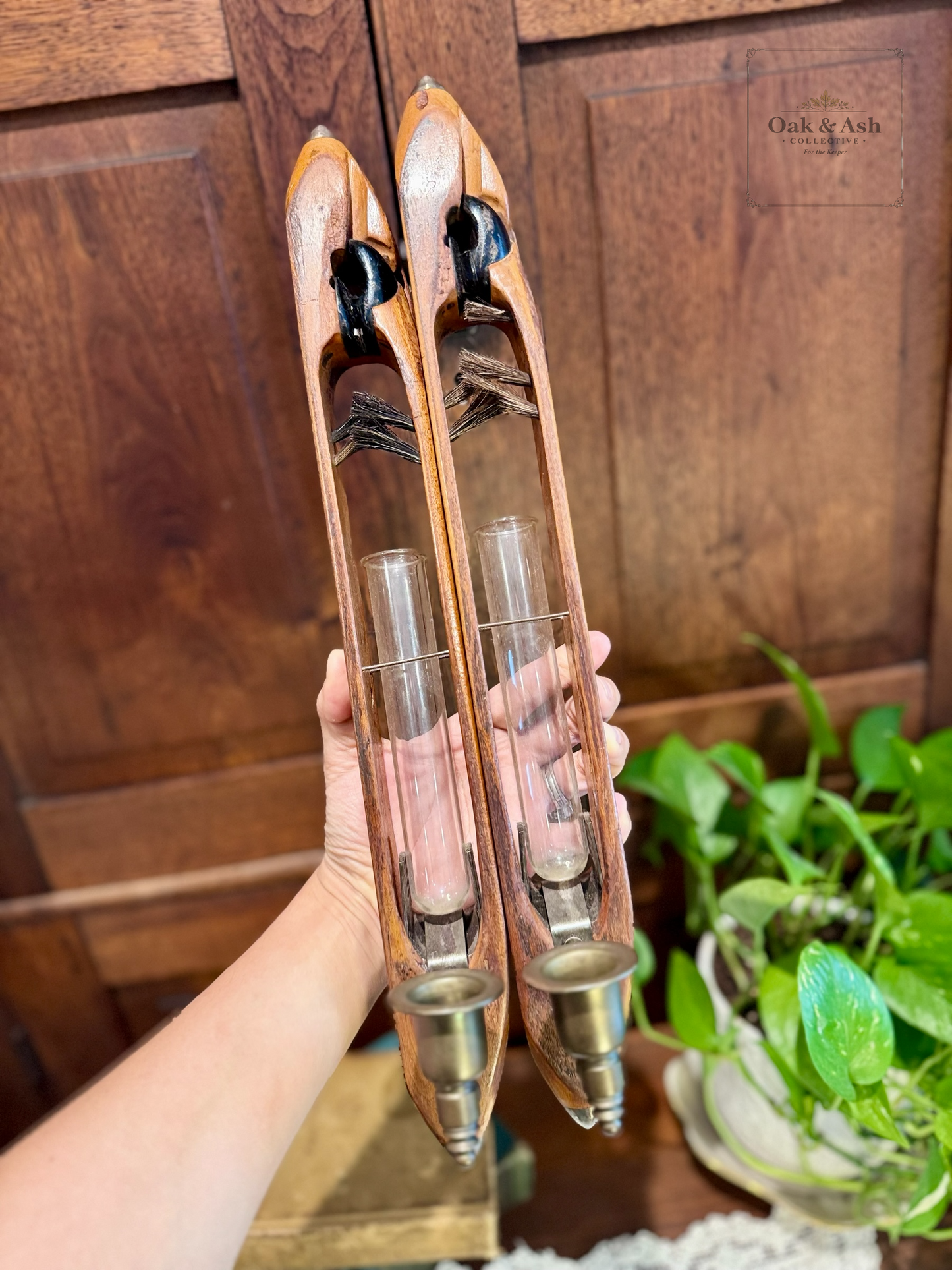 Pair of Vintage Southern Textile Mill Shuttles with Glass Bobbins & Brass Fittings Reimagined