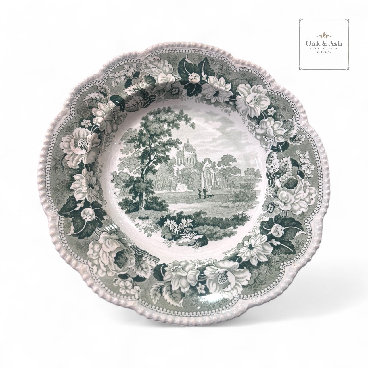 Rare 1830s Staffordshire Green Transferware Deep Plate | Gothic Ruins Motif, English Earthenware
