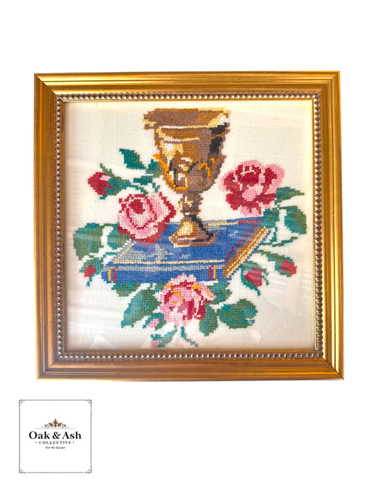 Faithful Hands | Antique Needlepoint with Chalice & Bible (c.1930s–40s)