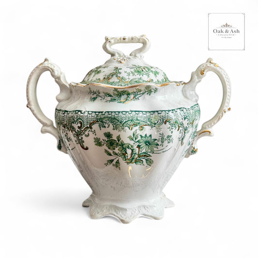 J.&G. Meakin “Delaware” Victorian Green Transferware Tureen with Gilt Accents