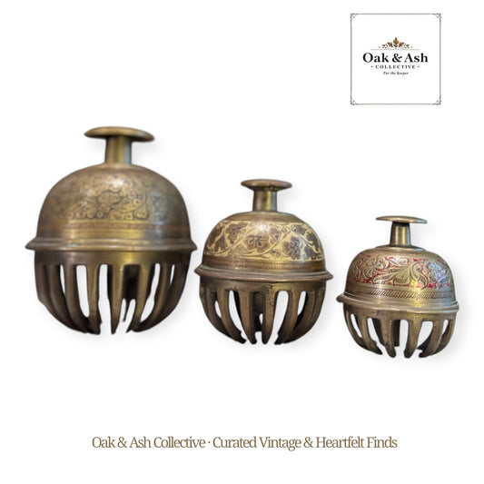 Set of 3 Vintage Hand-Etched Brass Elephant Bells | c.1940–1960 | India