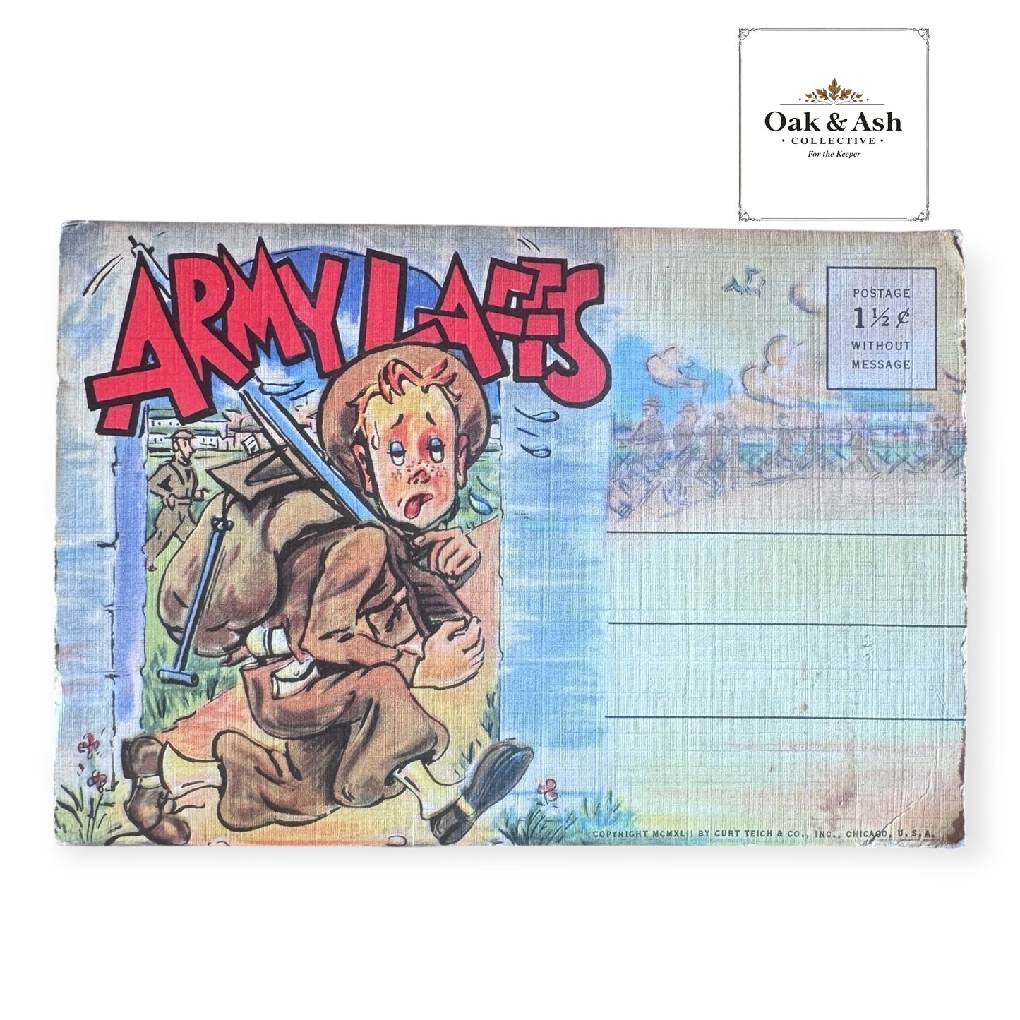 Army Laffs | WWII Curt Teich Linen Postcard Folder (1941)