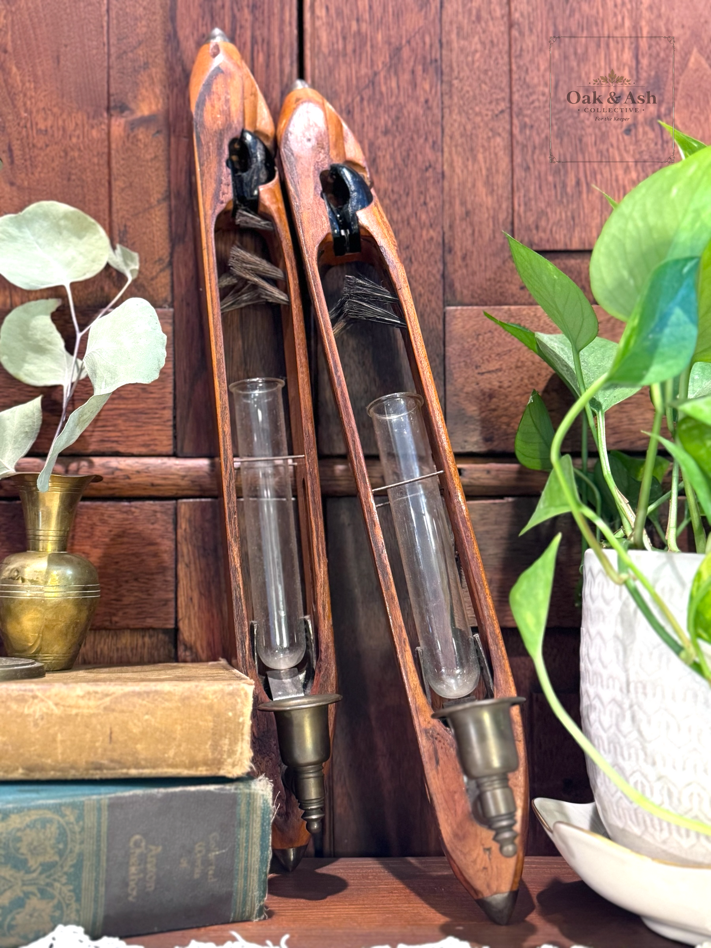 Pair of Vintage Southern Textile Mill Shuttles with Glass Bobbins & Brass Fittings Reimagined