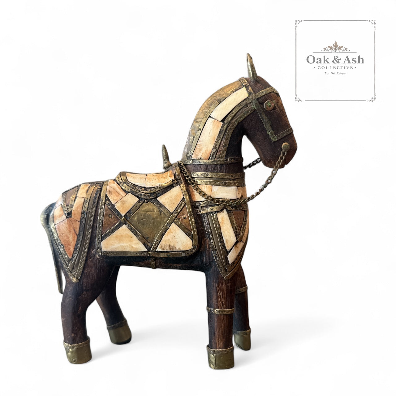 Vintage Brass & Bone Inlay Horse Figurine – 7” x 8”