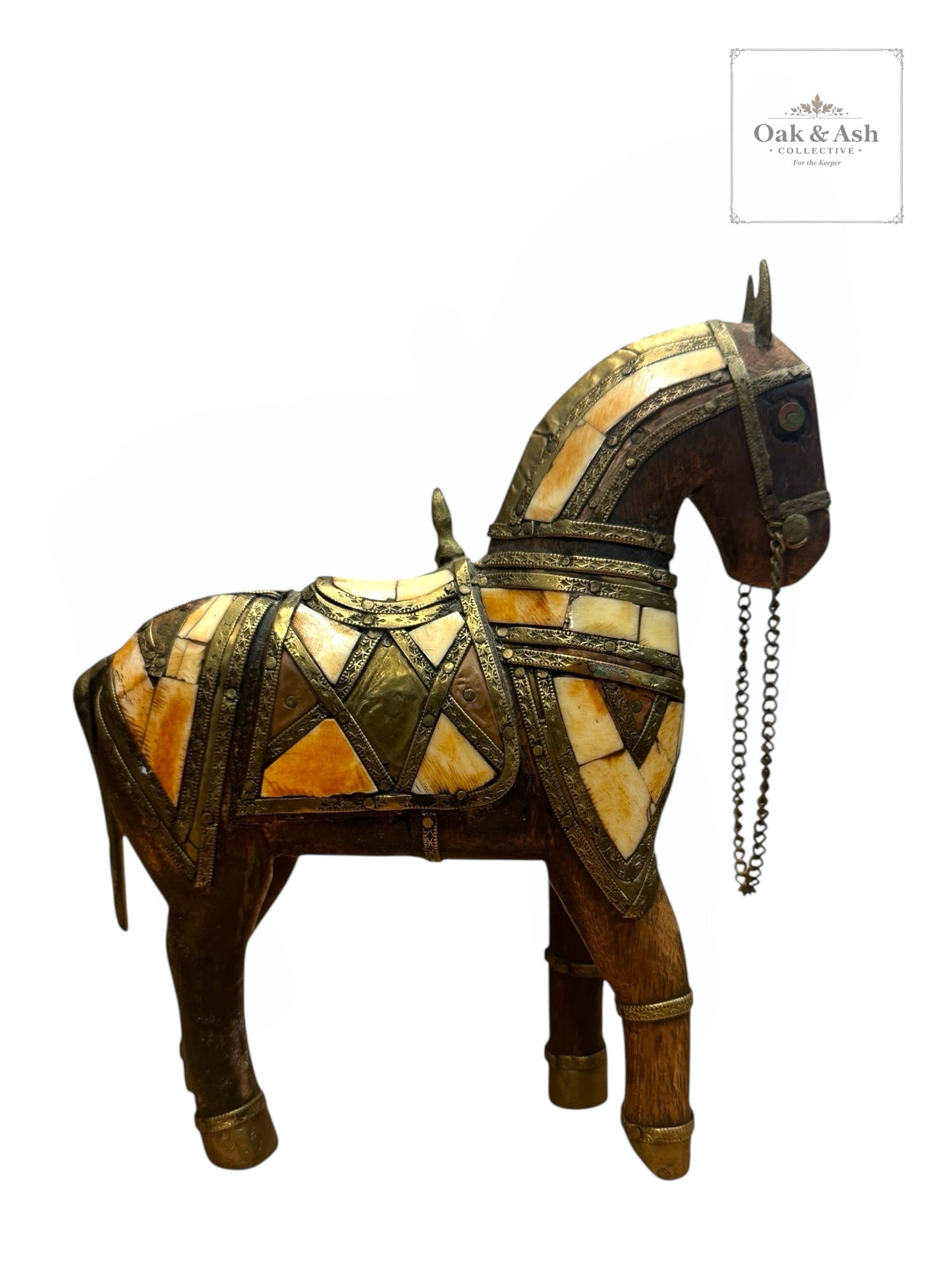 Vintage Brass & Bone Inlay Horse Figurine – 7” x 8”