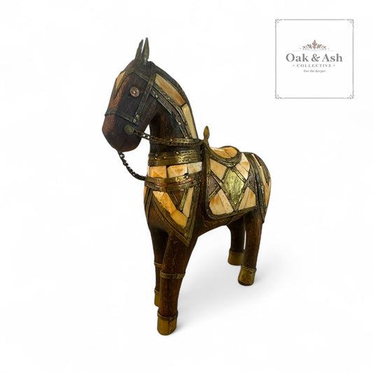 Vintage Brass & Bone Inlay Horse Figurine – 7” x 8”