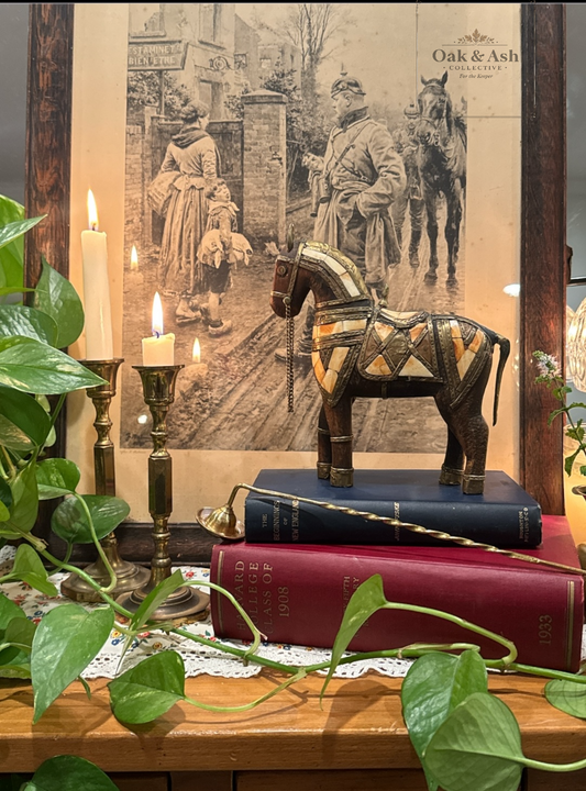 Vintage Brass & Bone Inlay Horse Figurine – 7” x 8”
