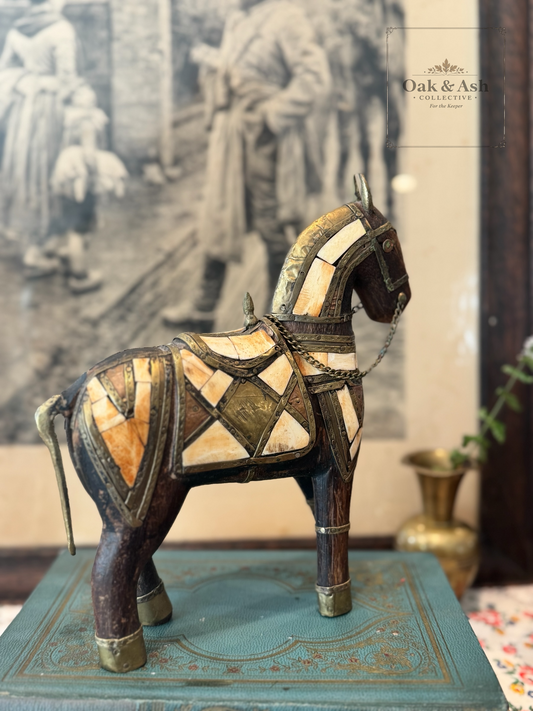 Vintage Brass & Bone Inlay Horse Figurine – 7” x 8”