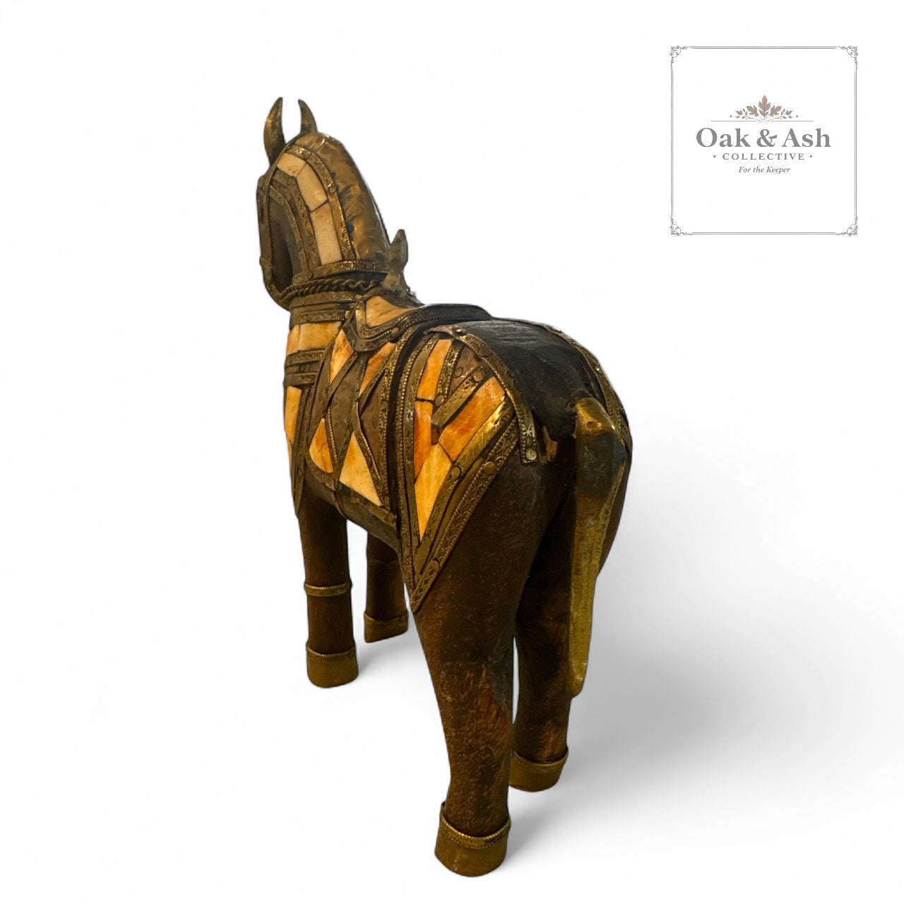 Vintage Brass & Bone Inlay Horse Figurine – 7” x 8”