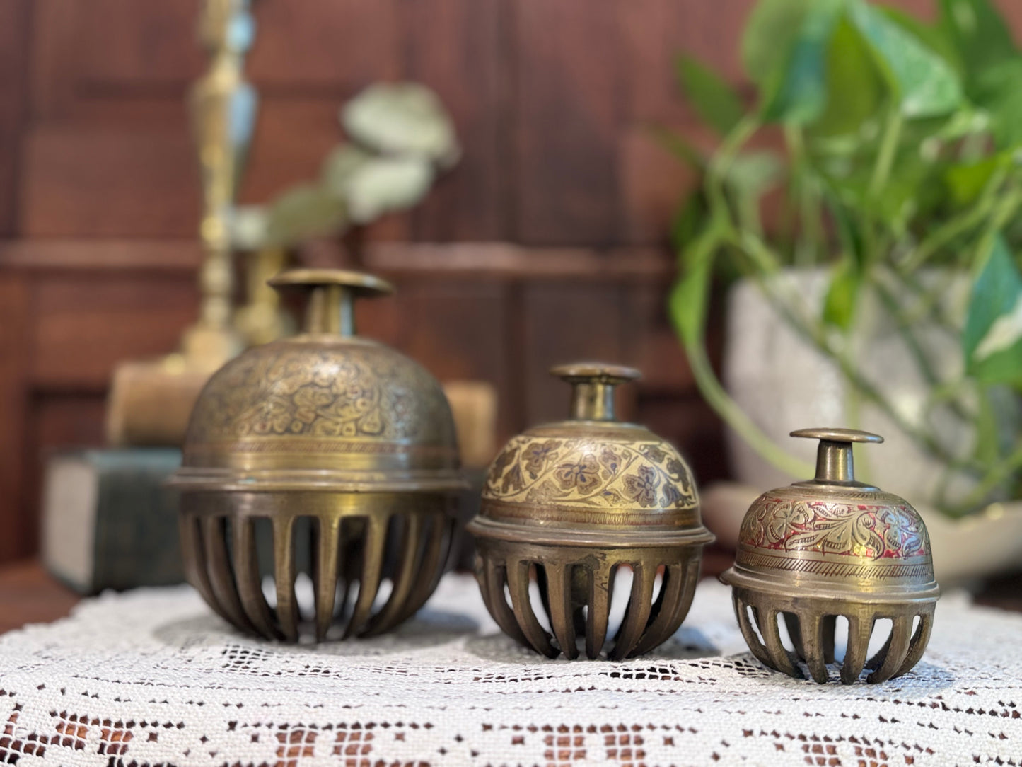 Set of 3 Vintage Hand-Etched Brass Elephant Bells | c.1940–1960 | India