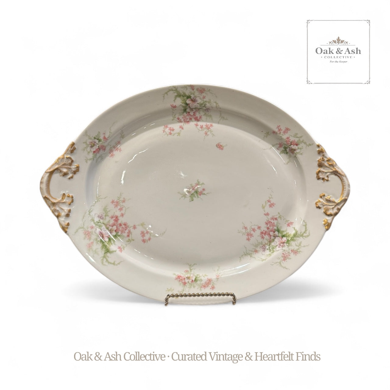 Antique Wm. Guérin & Co. Limoges France Floral Porcelain Platter | Gilt Handle Serveware