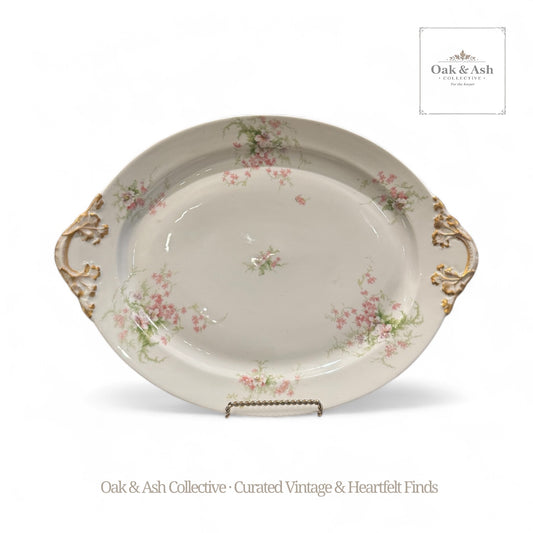 Antique Wm. Guérin & Co. Limoges France Floral Porcelain Platter | Gilt Handle Serveware