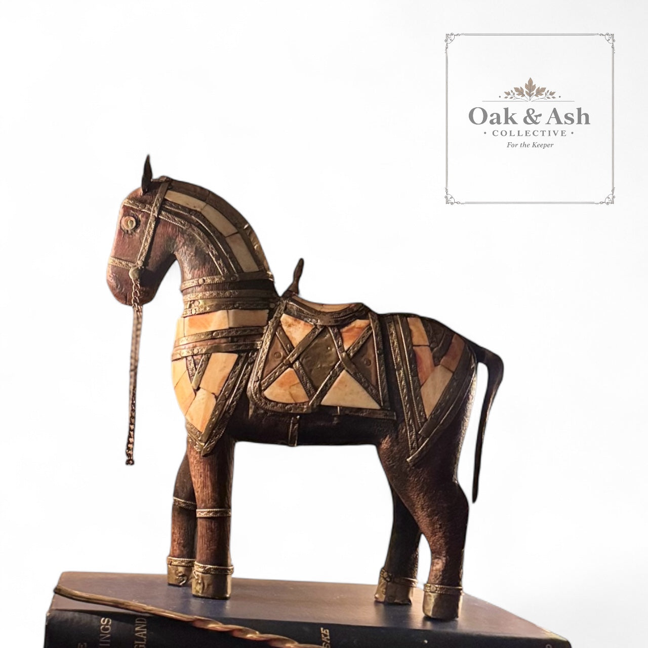 Vintage Brass & Bone Inlay Horse Figurine – 7” x 8”