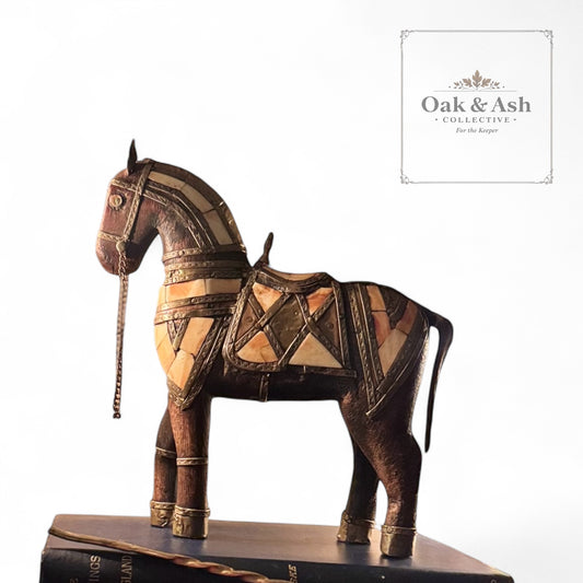 Vintage Brass & Bone Inlay Horse Figurine – 7” x 8”