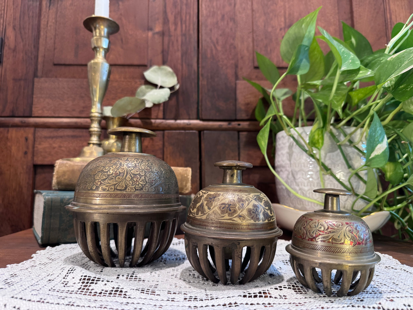 Set of 3 Vintage Hand-Etched Brass Elephant Bells | c.1940–1960 | India