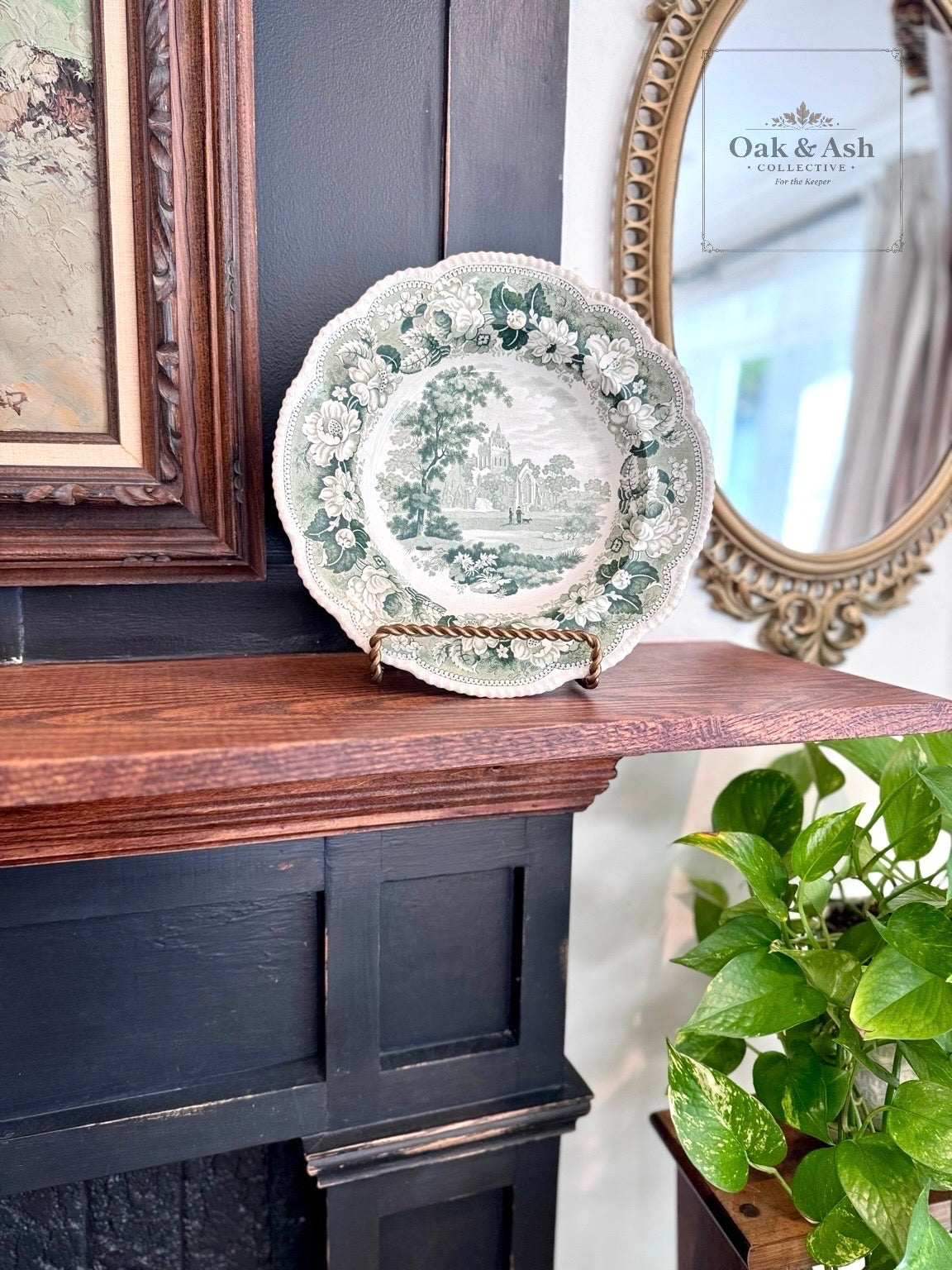 Rare 1830s Staffordshire Green Transferware Deep Plate | Gothic Ruins Motif, English Earthenware