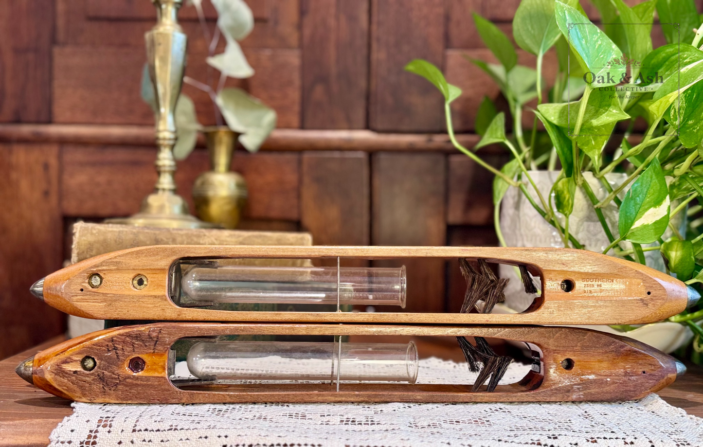 Pair of Vintage Southern Textile Mill Shuttles with Glass Bobbins & Brass Fittings Reimagined