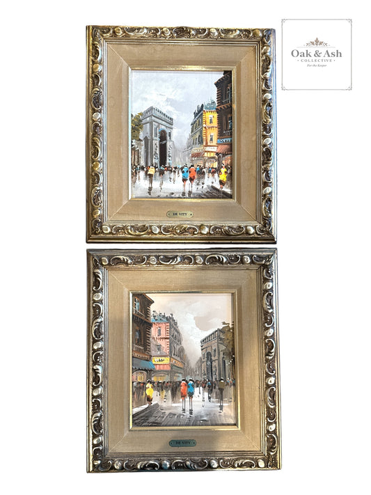 Set of 2 Vintage Paris Street Scene Paintings by De Vity | Framed European Cityscapes