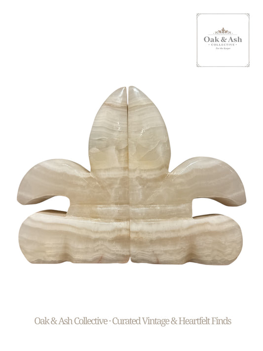 Vintage Hand-Carved Onyx Bookends — Fleur-de-Lis Form