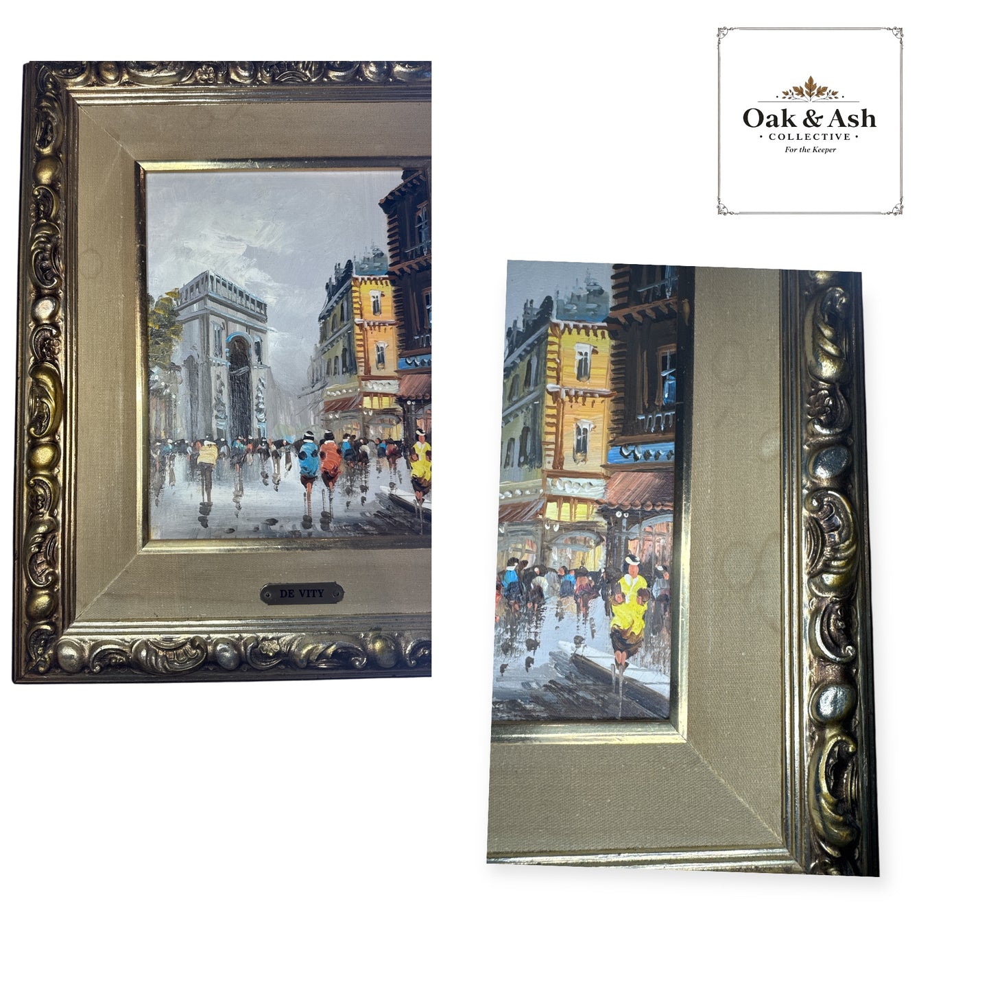 Set of 2 Vintage Paris Street Scene Paintings by De Vity | Framed European Cityscapes